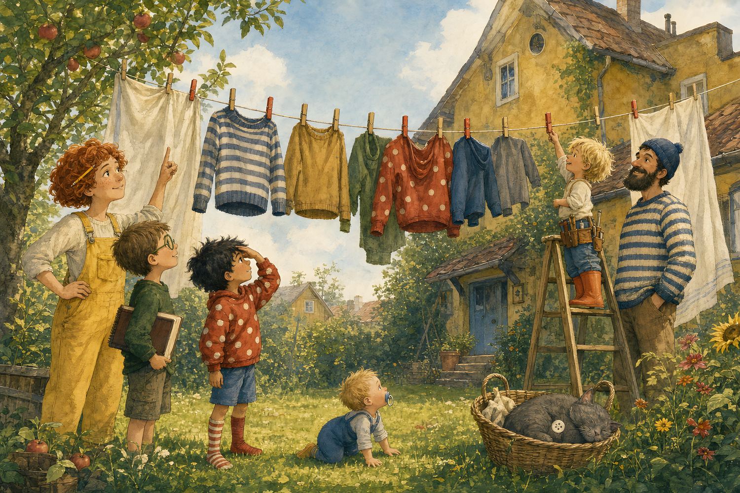 Illustration: Familie Wirbelwind im Garten an der Wäscheleine