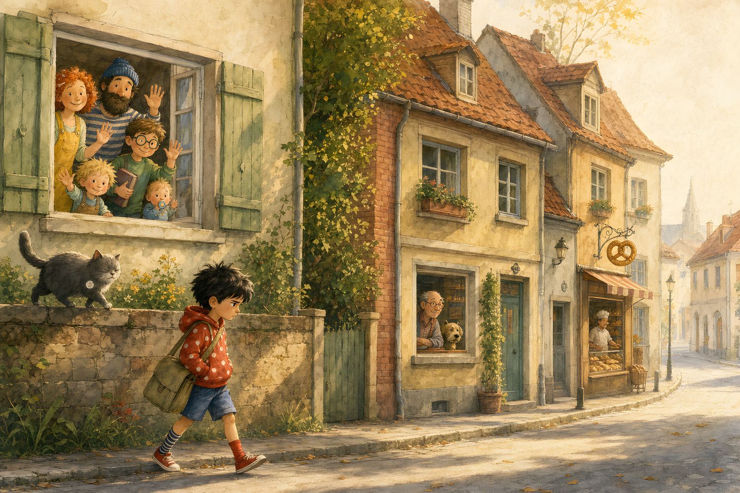 Illustration: Anton läuft die Straße hinunter, die Familie winkt aus dem Fenster