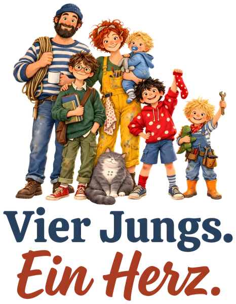 Beutelmotiv: die ganze Familie Wirbelwind nebeneinander, vorne Kater Knopf, darunter „Vier Jungs. Ein Herz.“