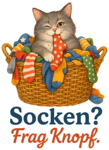 Beutelmotiv: Kater Knopf sitzt im Korb voller bunter Socken, darunter „Socken? Frag Knopf.“