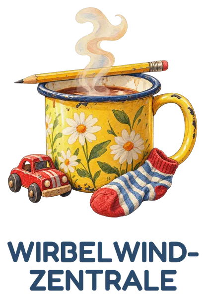 Motiv für die weiße Emaille-Tasse: gemalte gelbe Blumentasse mit Spielzeugauto und Socke, darunter Wirbelwind-Zentrale