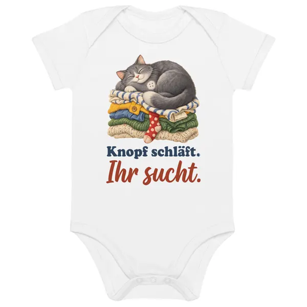Produktfoto: Bio-Baby-Body „Knopf schläft. Ihr sucht.“