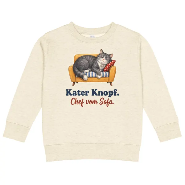 Produktfoto: Kinder-Sweatshirt „Kater Knopf. Chef vom Sofa.“