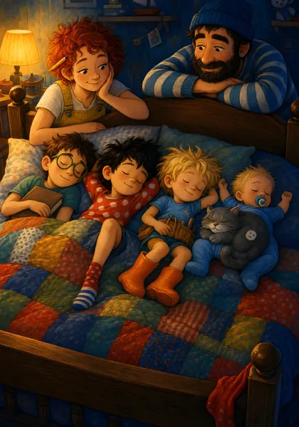 Illustration: vier Brüder schlafen im großen Bett, Mama und Papa schauen noch einmal nach, Kater Knopf liegt mittendrin