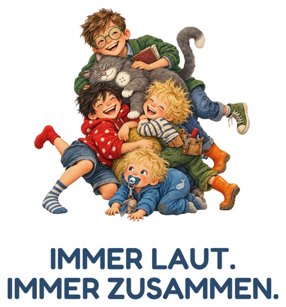 Tassenmotiv: die vier Brüder und Kater Knopf übereinander, darunter „Immer laut. Immer zusammen.“