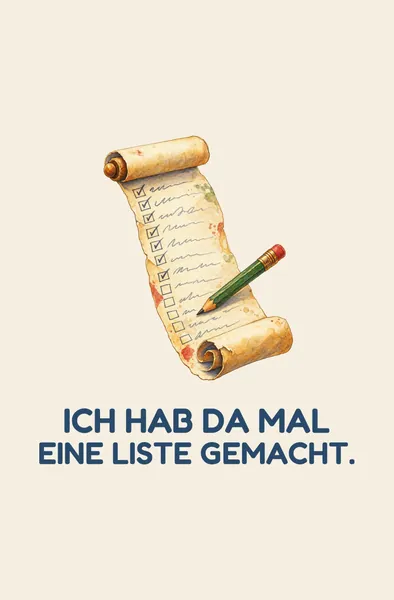 Notizbuch-Umschlag: Papierrolle mit Häkchen und Bleistift auf Cremegrund, darunter Ich hab da mal eine Liste gemacht.