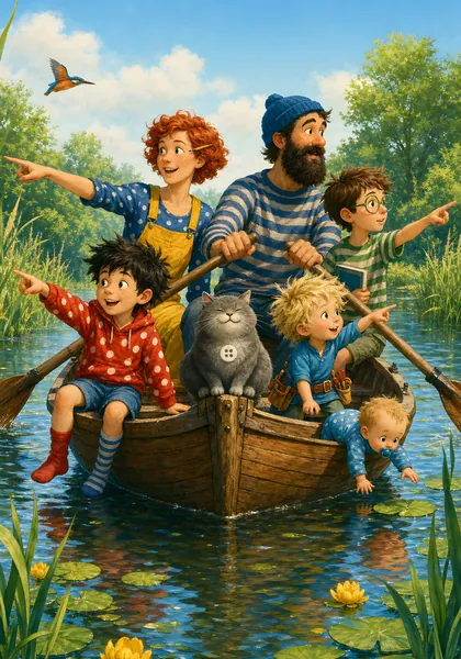 Illustration: die ganze Familie mit Kater Knopf in einem Ruderboot auf einem See mit Seerosen