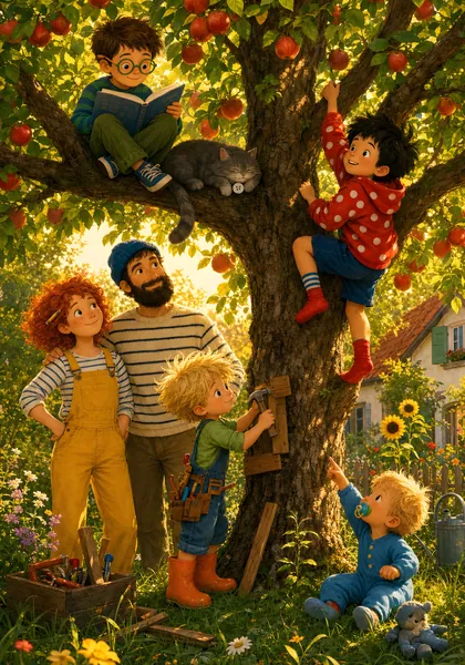 Illustration: die Familie unter und in einem Apfelbaum, Kater Knopf schläft auf einem Ast