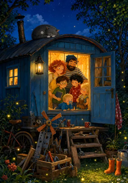 Illustration: blauer Bauwagen am Abend, im erleuchteten Fenster die Familie, Kater Knopf auf dem Dach