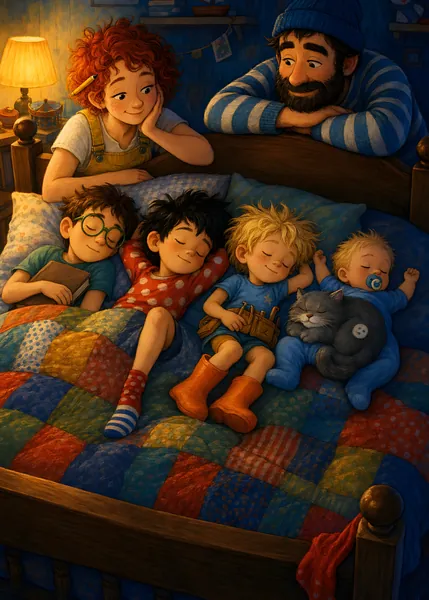 Illustration: vier Brüder schlafen im großen Bett, Mama und Papa schauen noch einmal nach, Kater Knopf liegt mittendrin