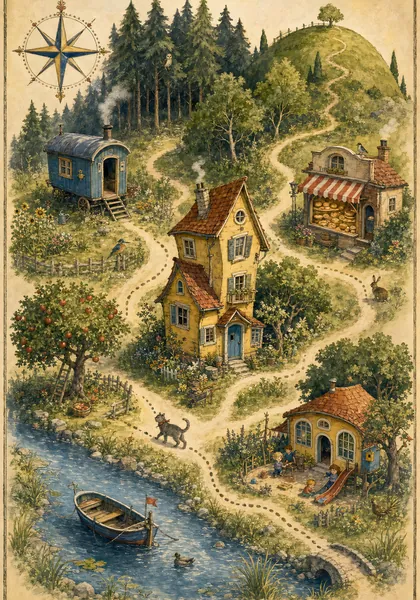 Gemalte Landkarte: gelbes Haus, Bauwagen, Wege, Wald, Fluss und ein Ruderboot