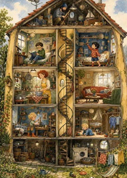 Wimmelbild: das aufgeschnittene Wirbelwind-Haus mit Wendeltreppe und der Familie mittendrin