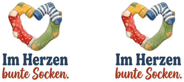 Tassenmotiv: Herz aus vier bunten Socken, darunter „Im Herzen bunte Socken.“