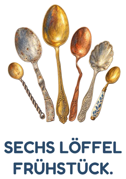 Tassenmotiv: sechs verschiedene alte Löffel im Fächer, darunter Sechs Löffel Frühstück.