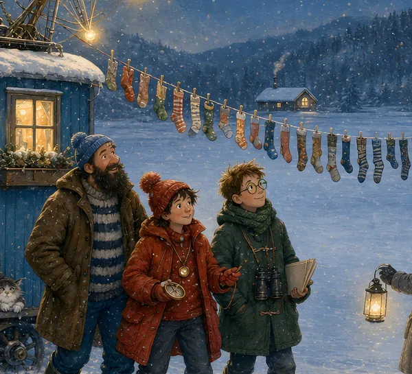 Tassenmotiv rundum: verschneiter Bauwagen, eine Leine voller Socken und die Familie im Schnee