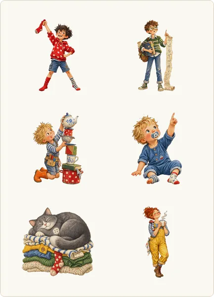 Stickerbogen mit sechs Figuren: Anton, Franz, Henry, Noah, Kater Knopf auf dem Wäscheberg und Mama Hanna