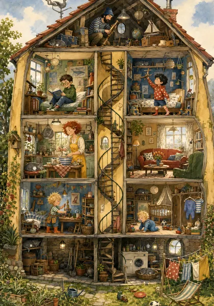 Wimmelbild: das aufgeschnittene Wirbelwind-Haus mit Wendeltreppe, vollen Zimmern und der Familie mittendrin